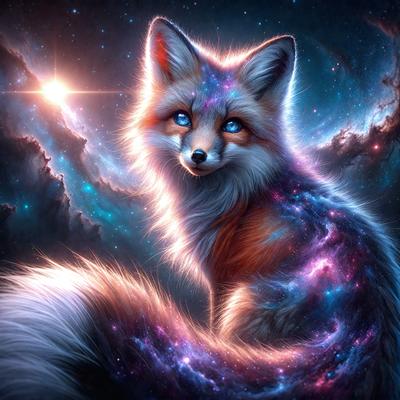 The primary subject of the image is a fox, which is the main object, scene, or focus of the image. The fox is sitting in a space with a blue sky and stars in the background. The visual style of the image is digital art, as it is a well-crafted and detailed illustration. The colors and mood of the image are predominantly blue and serene, creating a peaceful and calming atmosphere.
